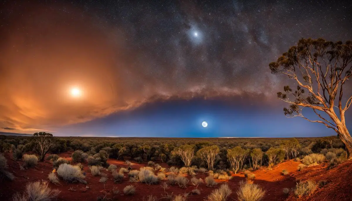 Spectacular landscape of Northwest Australia during a solar eclipse, featuring the red earth, a shimmering silver sky, and the moon covering the sun.