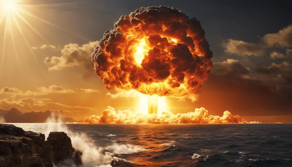 Illustration of a nuclear bomb detonating near the Sun, showing the vast difference in scale and the Sun's ability to overpower the bomb's impact.