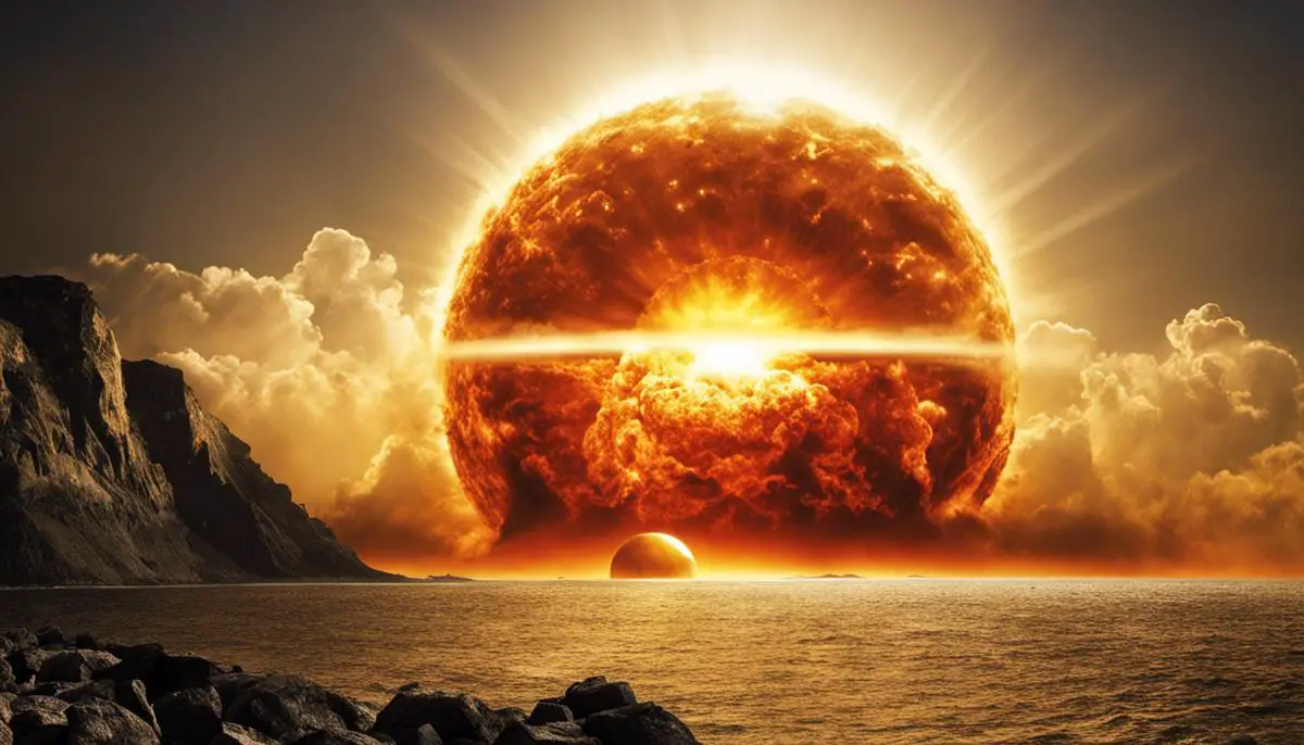 An image depicting a nuclear explosion next to the Sun, illustrating the futility and insignificance of nuking the Sun.