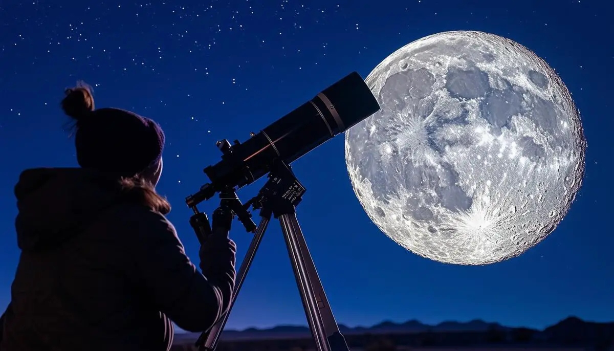 A person observing the Moon through a telescope under a clear night sky, marveling at the lunar surface's intricate details and experiencing a sense of wonder and connection to the cosmos.