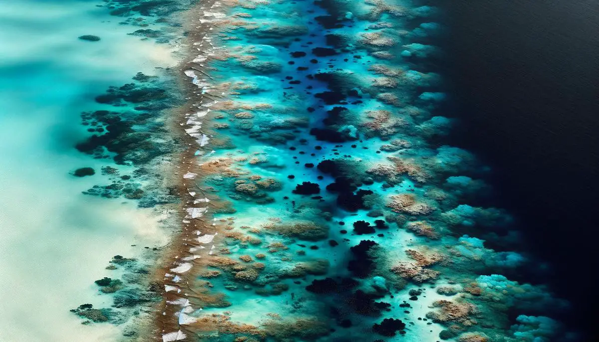 An underwater scene showcasing the variations in ocean color, from light turquoise in shallow waters to deep navy blue in the open ocean, influenced by factors such as depth, particles, and the presence of phytoplankton or sediments.