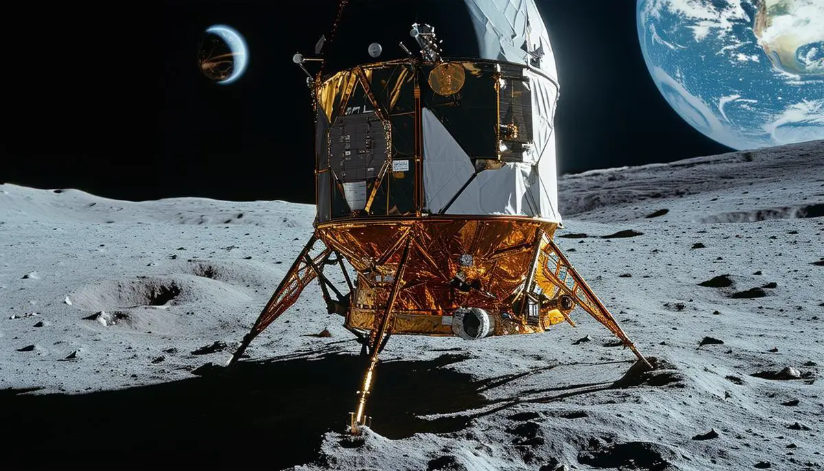 The Odysseus moon lander spacecraft on the lunar surface, with the Earth visible in the distance. The spacecraft is near the Malapert A crater, ready to begin its mission of exploration and discovery.