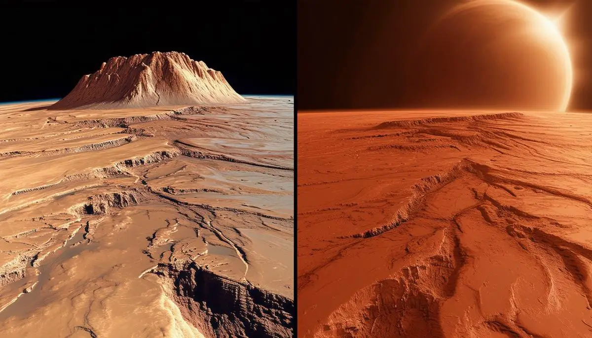 Comparison of Olympus Mons volcano and Valles Marineris canyon on Mars with Earth landmarks