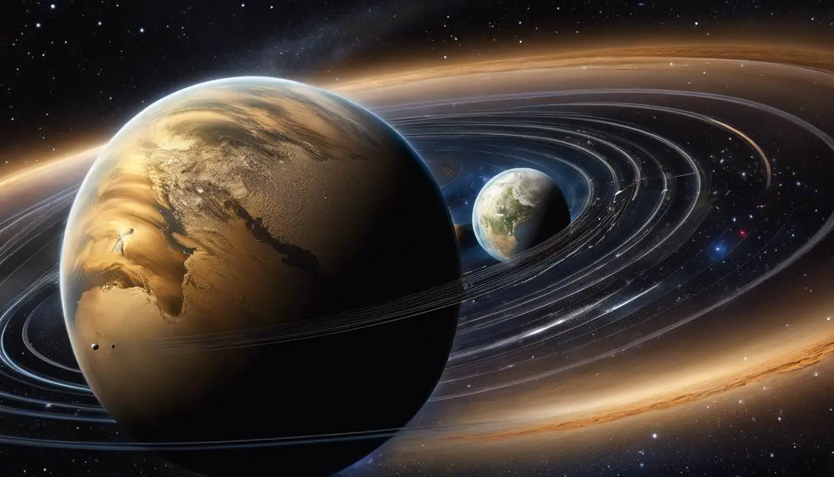 An image showing the complexity of orbital mechanics, rotation, and planetary characteristics, representing the intricate relationships between these celestial factors.