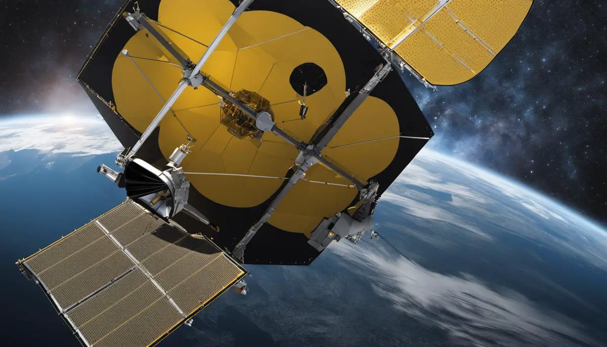 Illustration of the risks associated with the launch and positioning of the James Webb Telescope at L2, depicting the telescope in space.