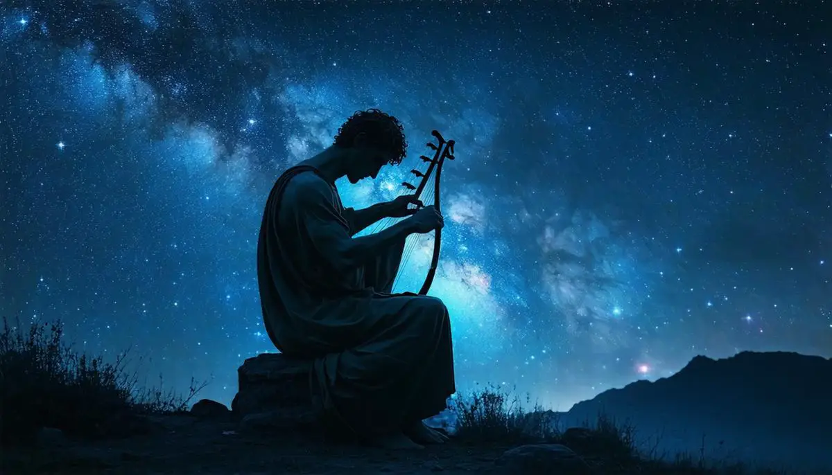 Artistic depiction of Orpheus playing a lyre under a starry sky