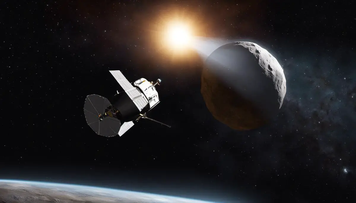 Illustration depicting the OSIRIS-REx spacecraft in space, approaching the asteroid Bennu