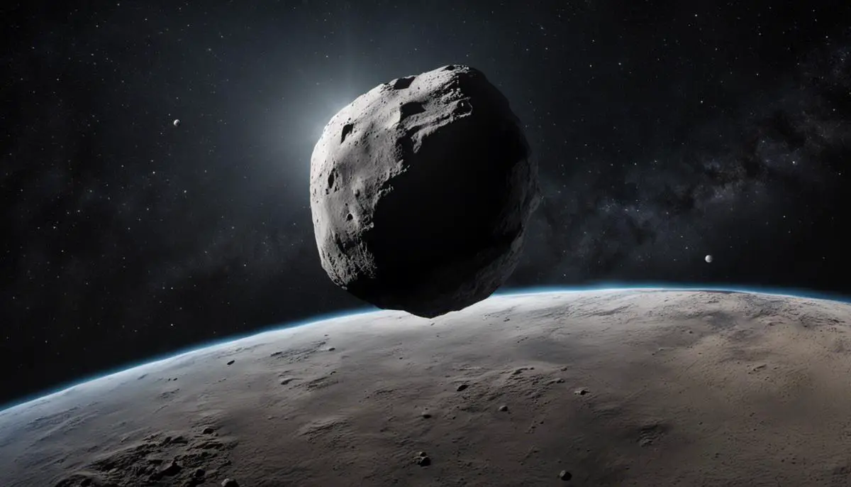 Illustration of the OSIRIS-REx spacecraft approaching the asteroid Bennu, surrounded by the vastness of space.