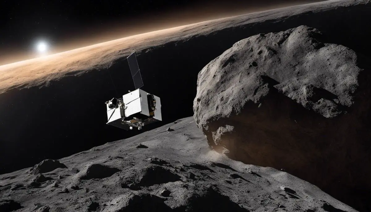 Image of the OSIRIS-REx spacecraft collecting a sample from the asteroid Bennu
