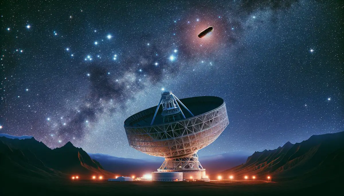 A composite image showing the Pan-STARRS1 telescope in Hawaii and an artist's rendition of Oumuamua's cigar-like shape