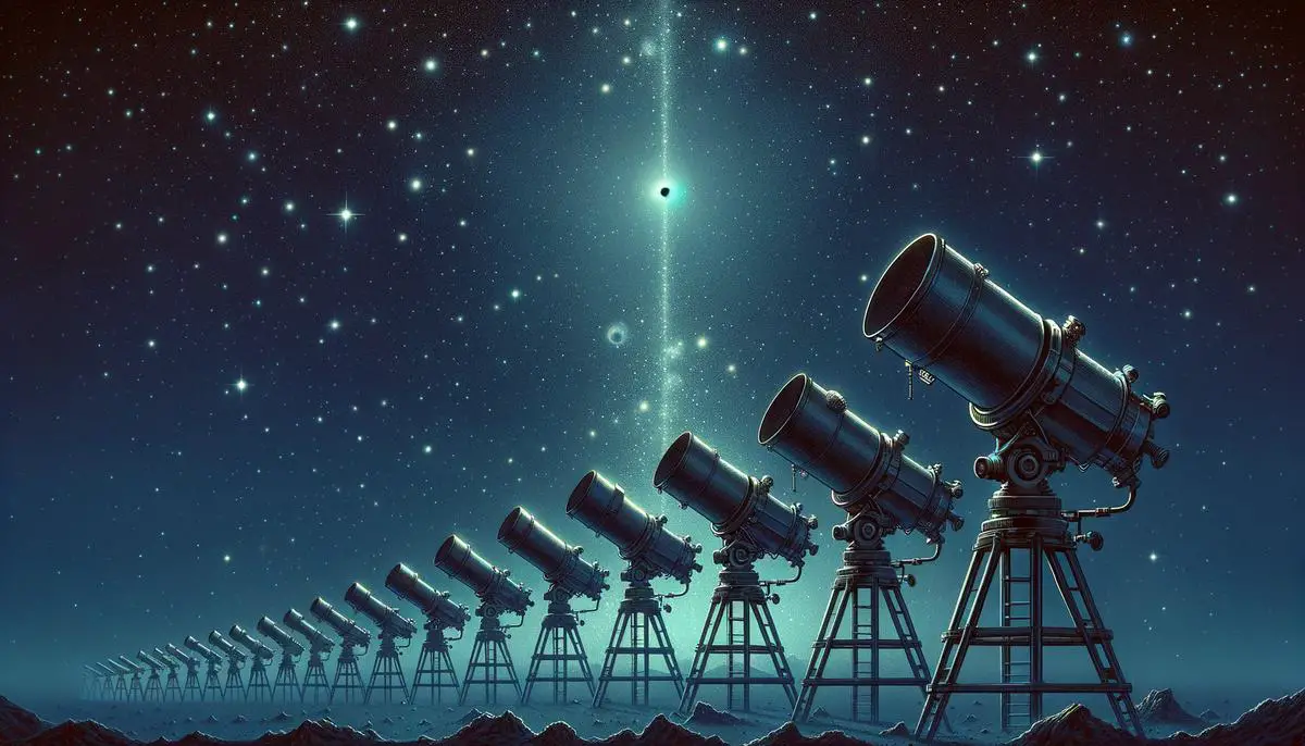 A series of telescopes of increasing size trying to observe a fading dot representing Oumuamua
