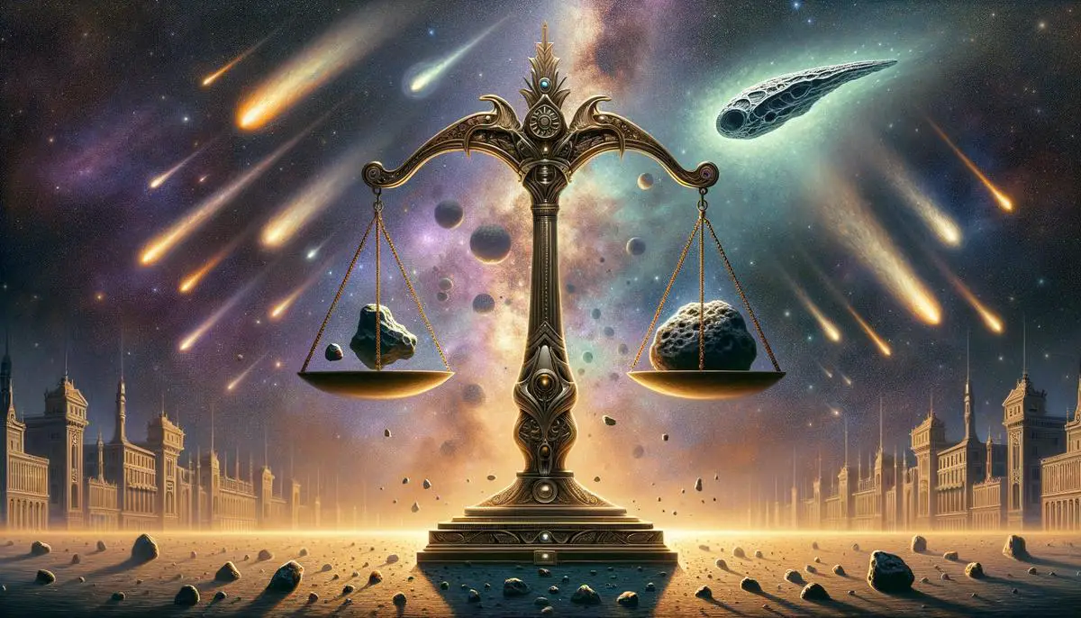A balanced scale with natural phenomena on one side and artificial technology on the other, with Oumuamua hovering above