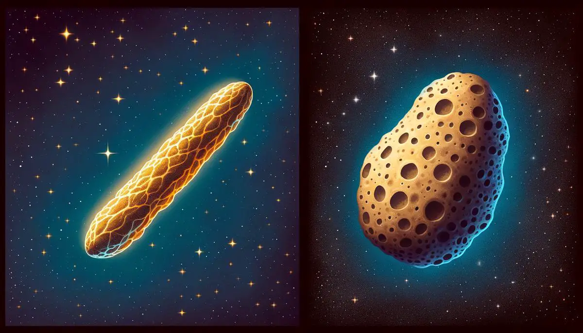 Illustration comparing 'Oumuamua's elongated shape to typical asteroids