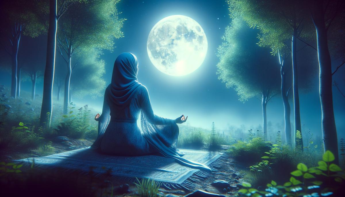 A person meditating outdoors under the full moon, surrounded by nature