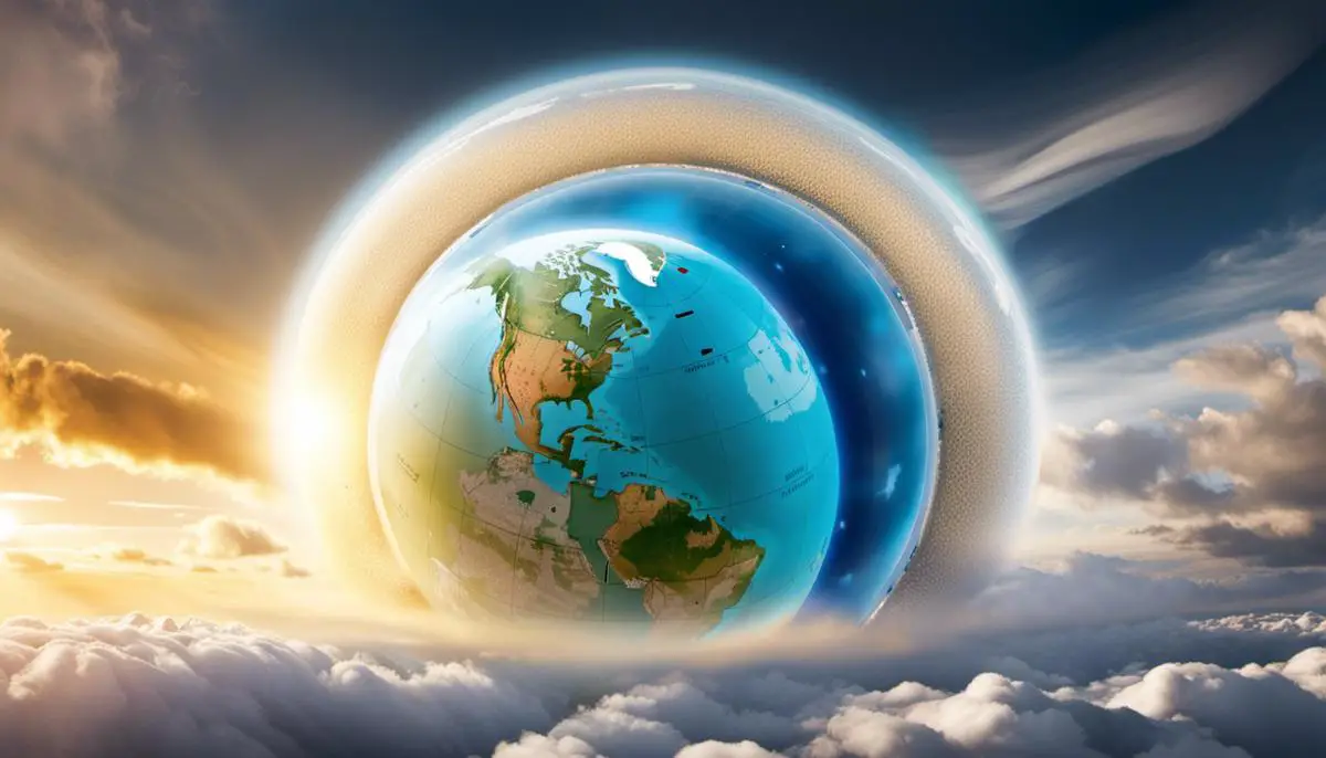 Image depicting the recovery of the ozone layer, showing a healthy ozone layer surrounded by a protective shield