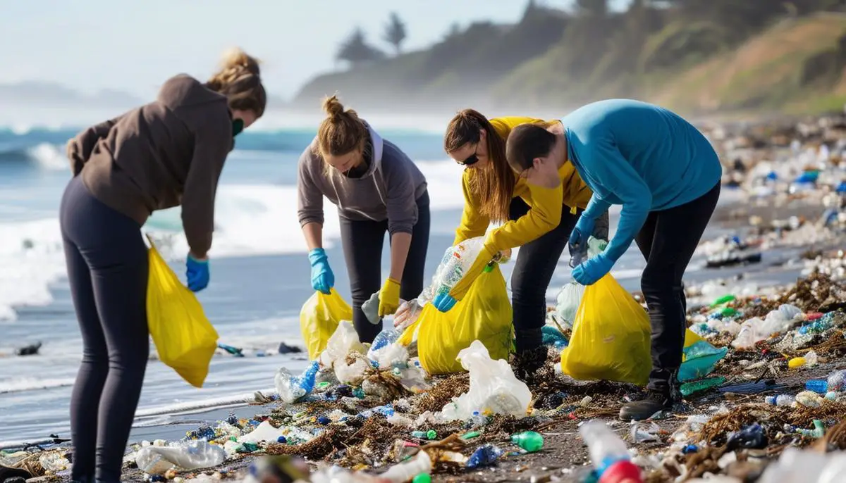 A hopeful image of people working together to clean up a Pacific Ocean beach, removing plastic waste and debris as part of conservation efforts.