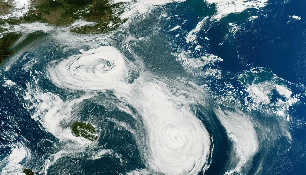 A satellite view of the Pacific Ocean, with swirling currents and eddies visible, illustrating the ocean's role in shaping global climate patterns.