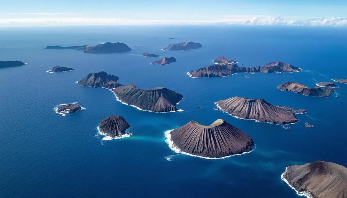 An aerial view of the vast expanse of the Pacific Ocean, with scattered volcanic islands rising from the deep blue waters.