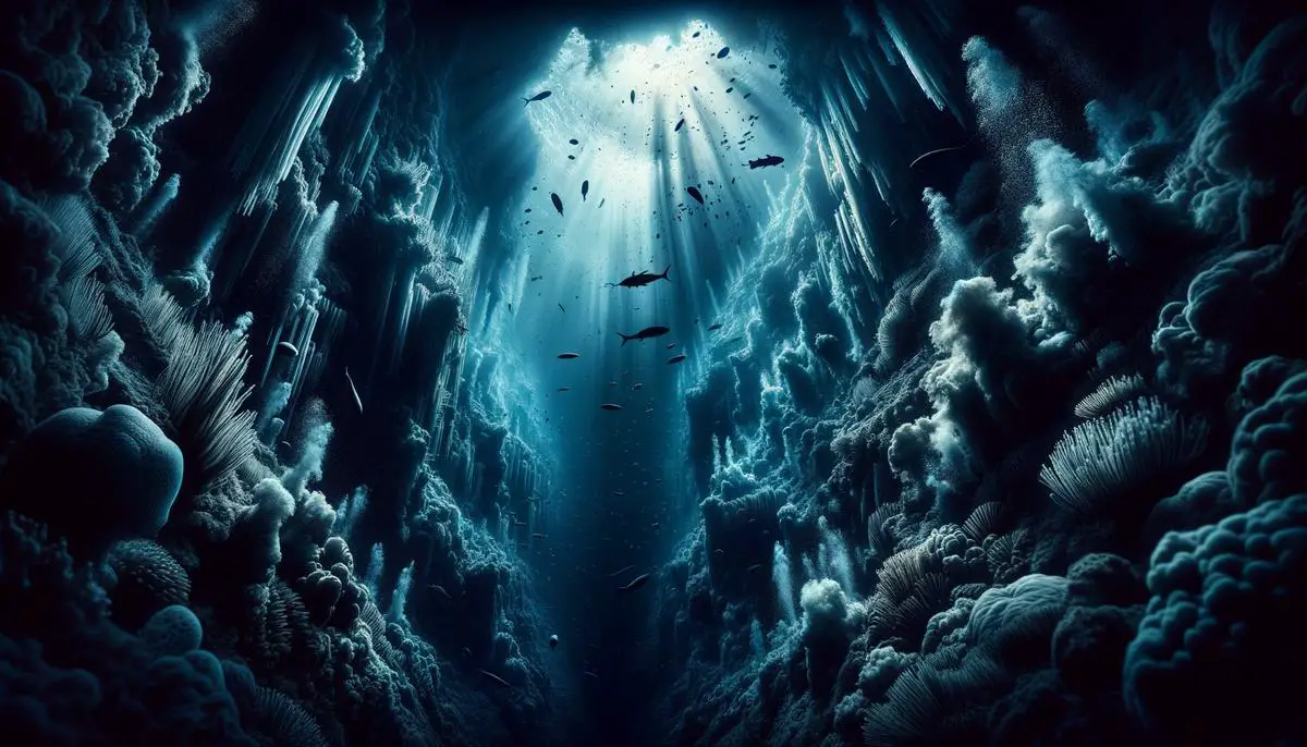 A dark, mysterious underwater view of the Mariana Trench, the deepest part of the Pacific Ocean, with a sense of the immense pressure and unknown depths.