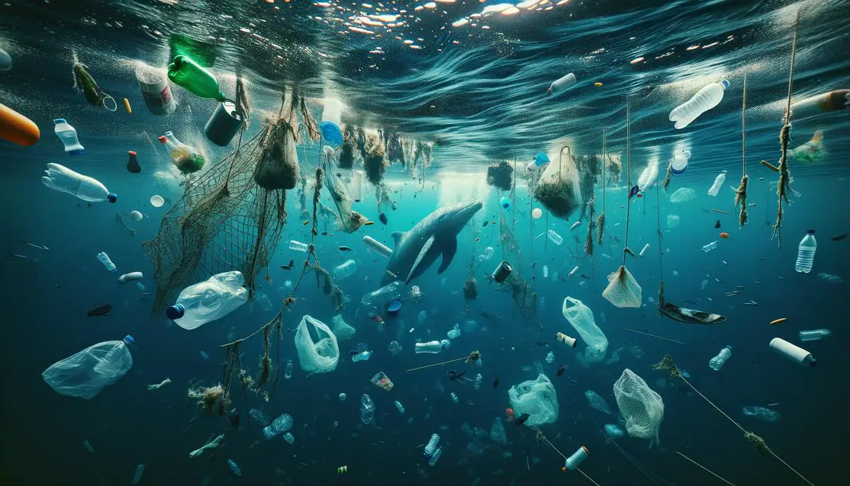 A disturbing underwater view of the Pacific Ocean, with plastic debris and ghost nets floating in the water, illustrating the impact of pollution on marine ecosystems.