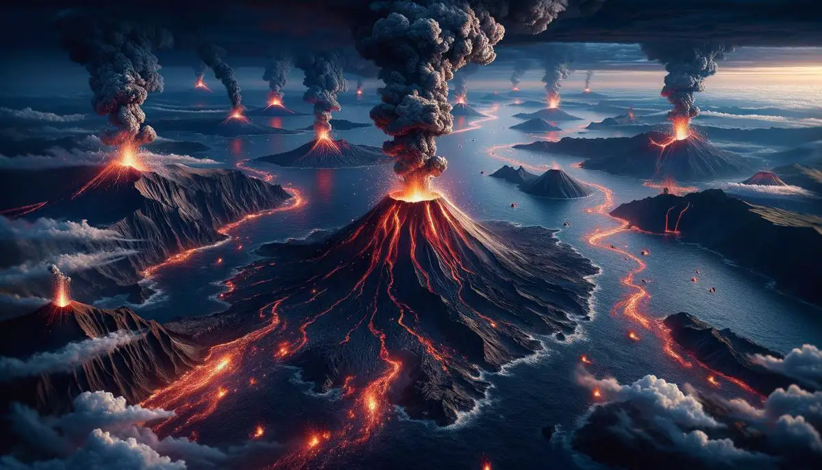 A dramatic view of the Pacific Ocean's Ring of Fire, with multiple volcanoes erupting along the tectonic boundaries that encircle the ocean.