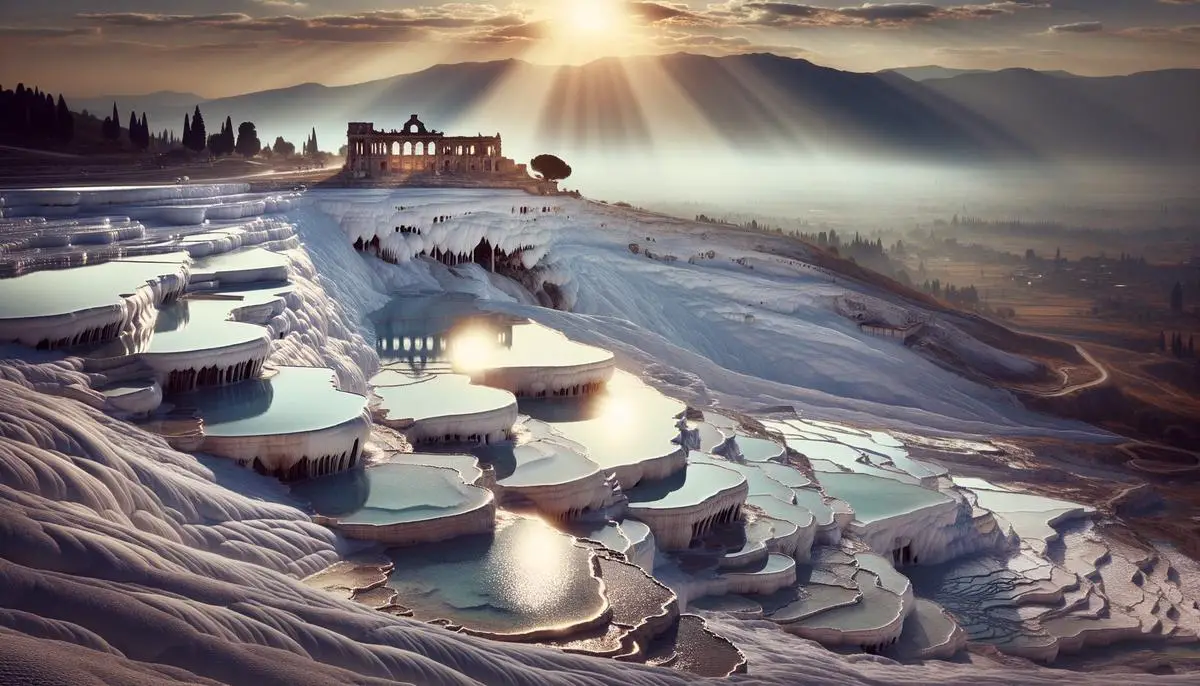 The surreal white travertine terraces and thermal pools of Pamukkale in western Turkey, resembling a cotton castle cascading down the hillside.