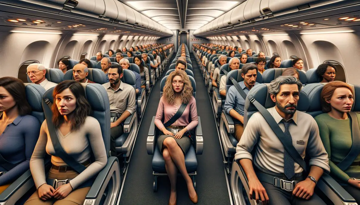 Passengers and flight attendants in an airplane cabin during turbulence, with seatbelt signs illuminated