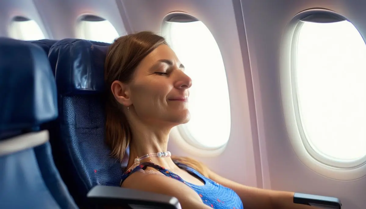 A passenger wearing an acupressure bracelet and looking comfortable on a flight