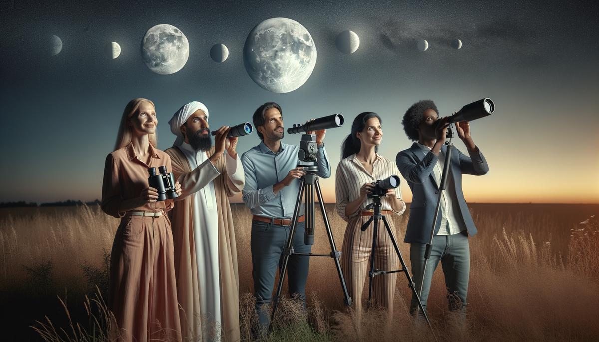 A group of diverse people observing the Buck Moon with telescopes and binoculars