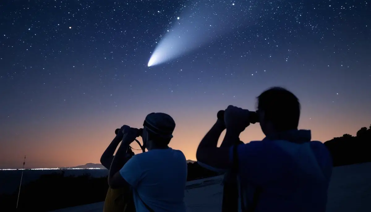 A group of people using binoculars to observe a bright comet in the night sky