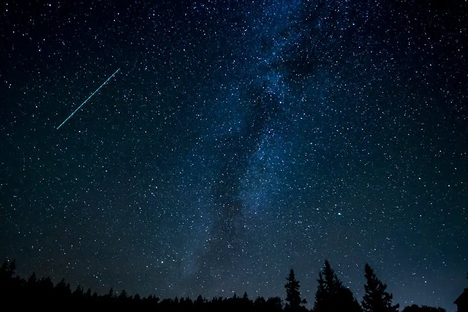 A bright Perseid meteor with a long glowing trail streaking across a starry night sky