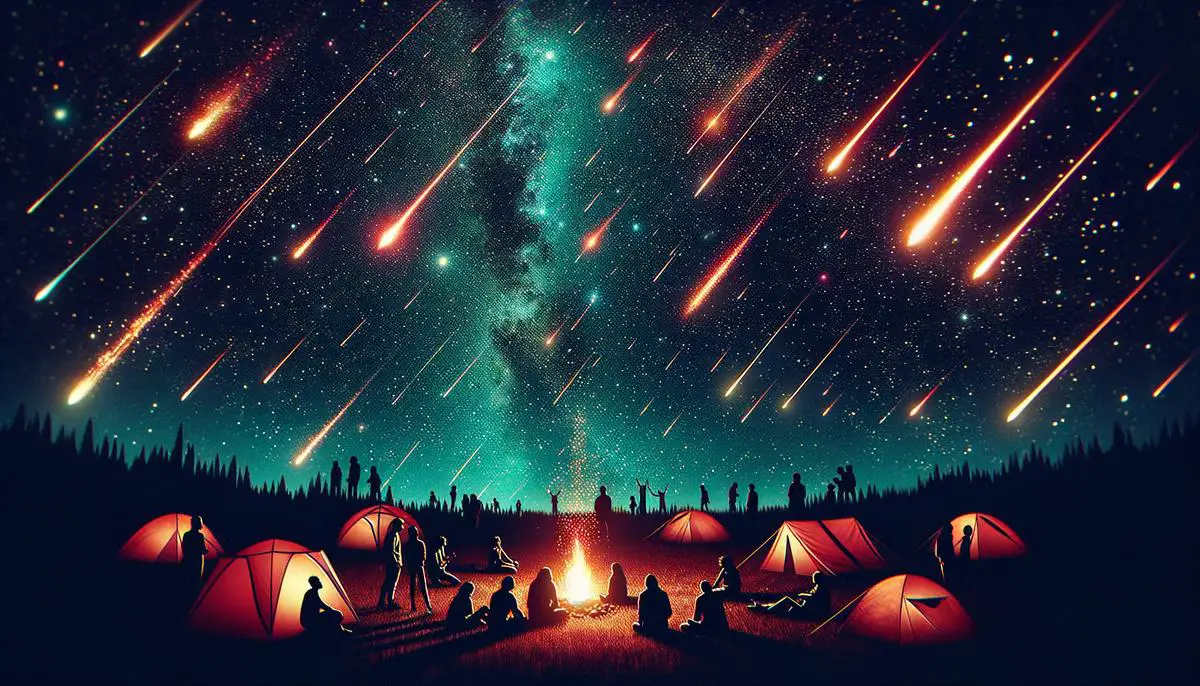 Multiple Perseid meteors streaking across the sky above a nighttime camping scene