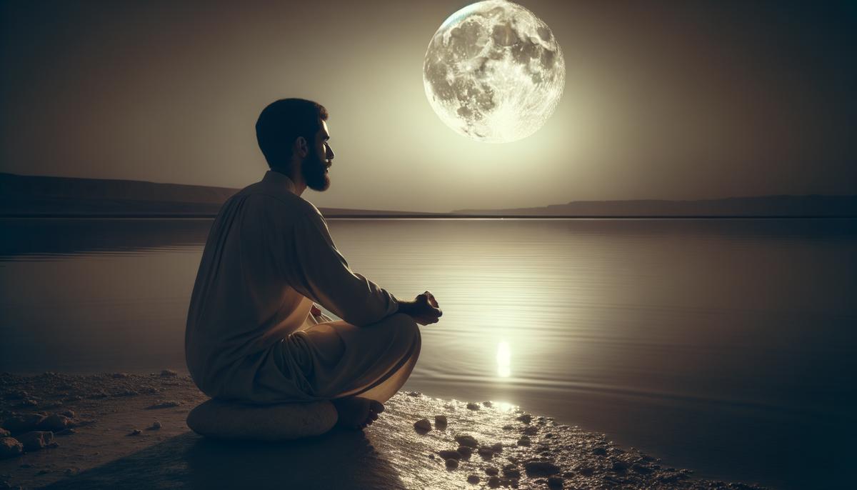 A person sitting in reflection by a moonlit body of water, symbolizing introspection during the Harvest Moon in Pisces