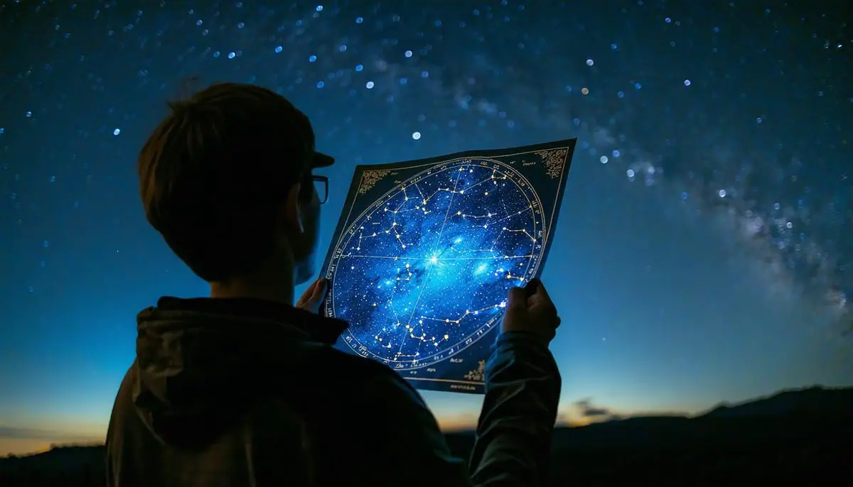 A person using a planisphere to identify constellations in the night sky