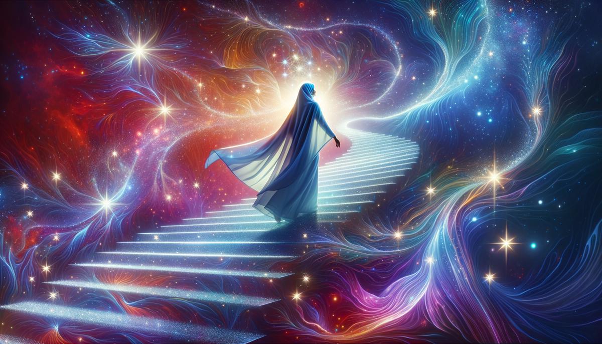 A person ascending a staircase made of stars and cosmic energy