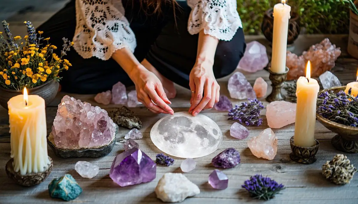 A person arranging crystals, candles, and herbs for a full Moon ritual