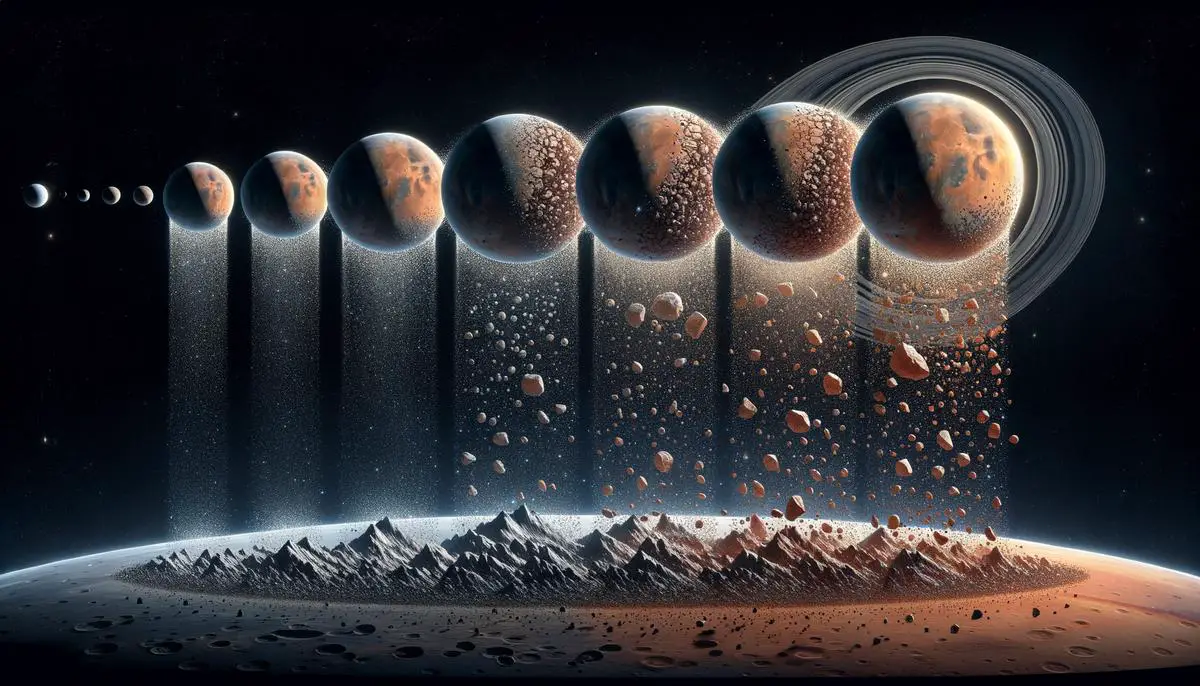 A series of images depicting the gradual disintegration of Mars' moon Phobos due to tidal forces, eventually leading to the formation of a Martian ring system.