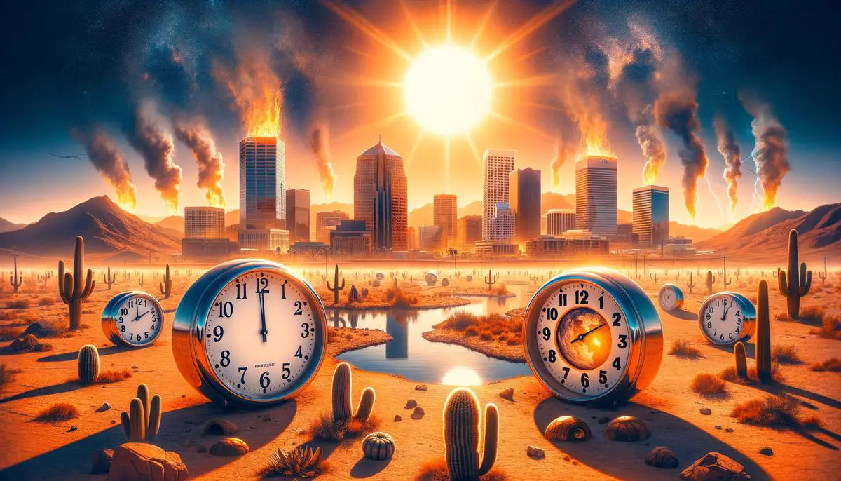 A striking image of Phoenix, Arizona during the intense summer heat, with the sun beating down on the desert city. The unique decision to not observe daylight saving time is represented through the use of clocks showing the consistent time throughout the year, emphasizing the practical and environmental reasons behind this choice.