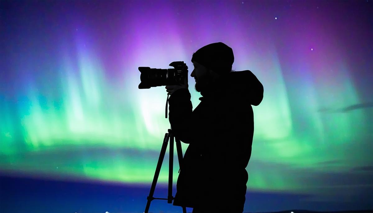 Silhouette of a photographer capturing the northern lights with a camera on a tripod, against a backdrop of a vivid aurora