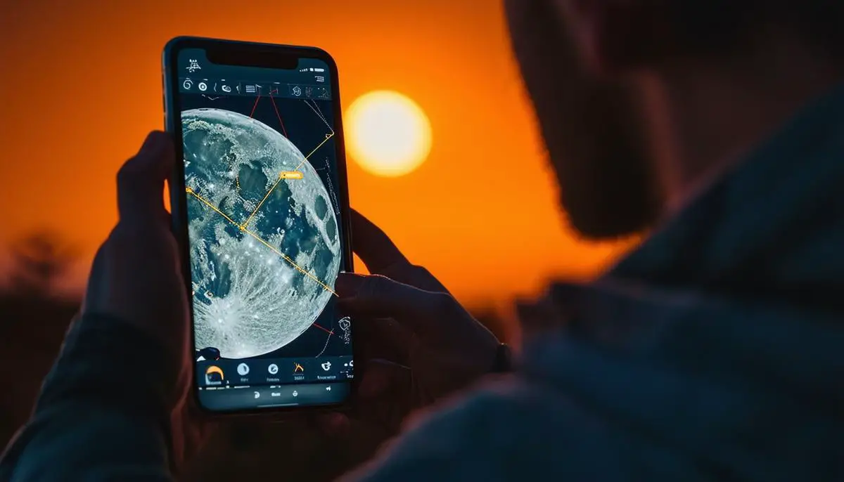 A photographer using a smartphone app to plan a supermoon shot, with a map and moon path visible on the screen