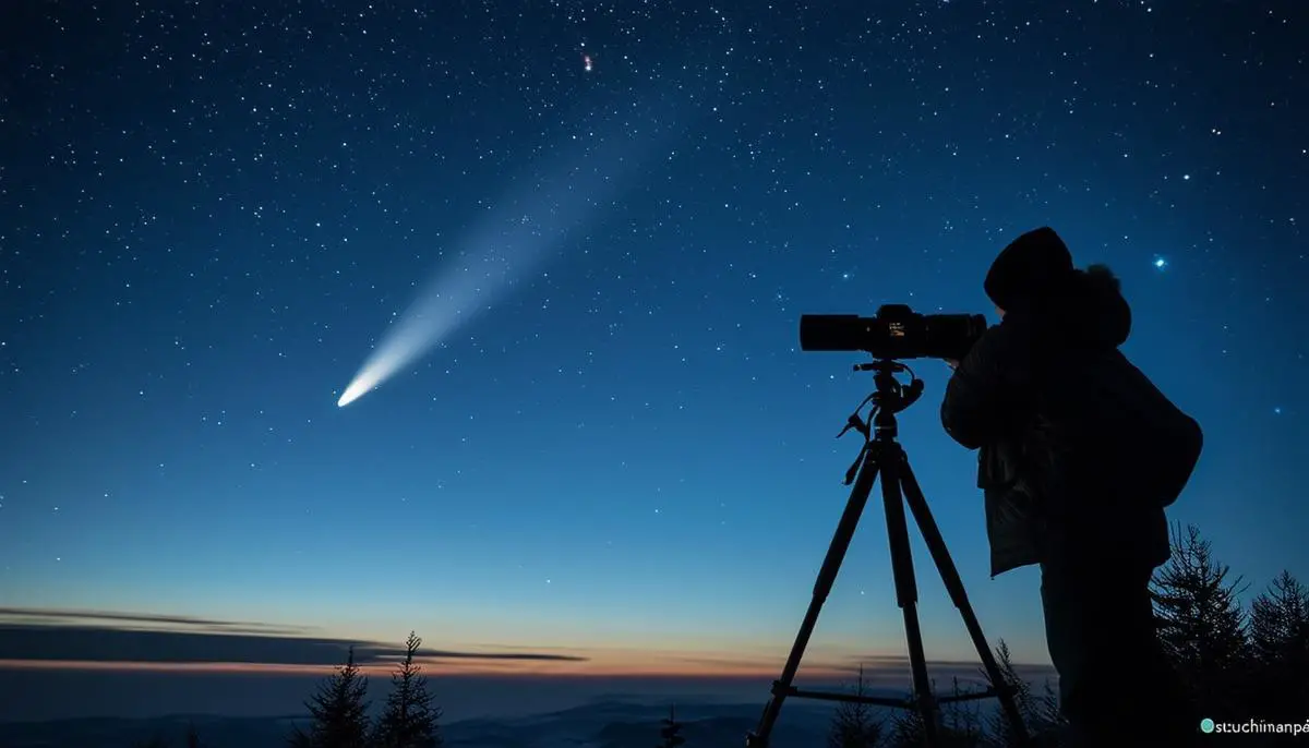 Photographer capturing Comet C/2023 A3 (Tsuchinshan-ATLAS) with a camera on a tripod in a dark sky location