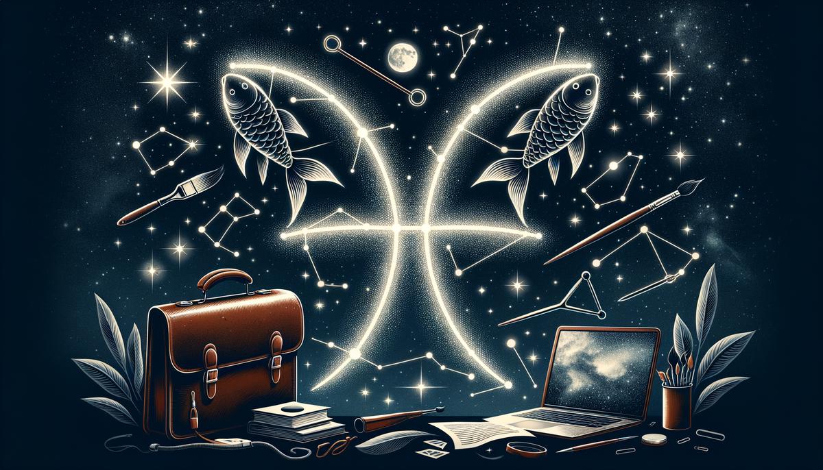 A Pisces symbol forming a constellation in the night sky, with various career symbols as stars