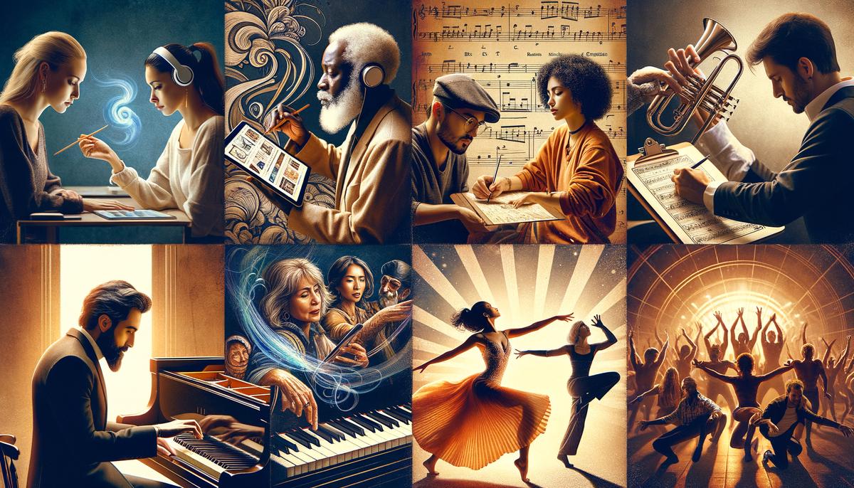 A collage of creative professionals including a graphic designer, writer, musician, actor, and dancer, each engaged in their respective crafts