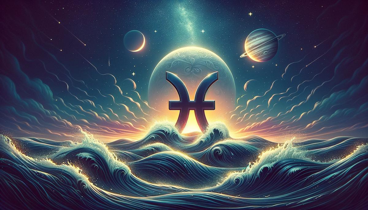 A Pisces figure surrounded by swirling water representing emotions, with Venus and Jupiter visible in the background