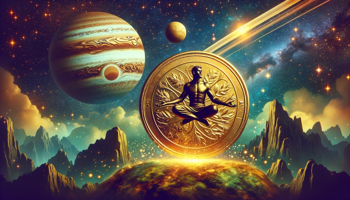 A Pisces figure balancing on a golden coin, with Jupiter and Saturn in the background