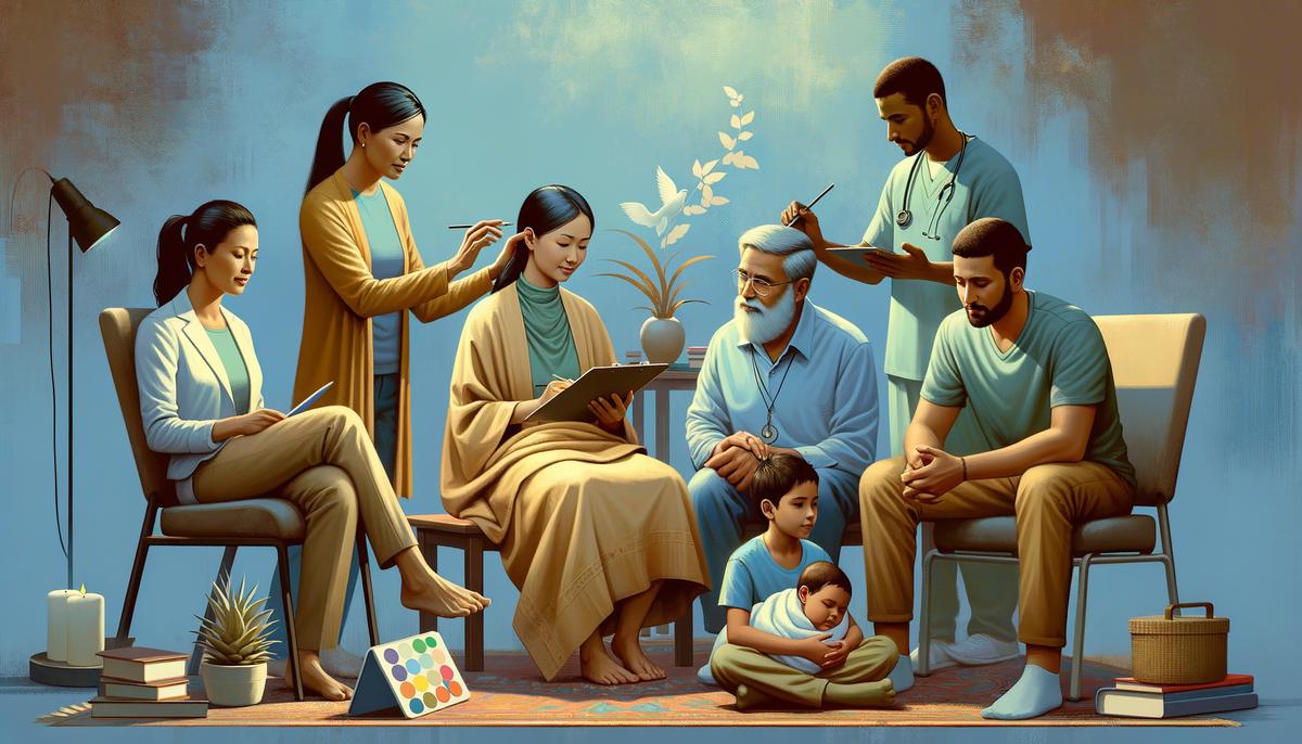 A serene montage of healing professionals including a psychologist, social worker, and massage therapist, each helping clients in nurturing environments