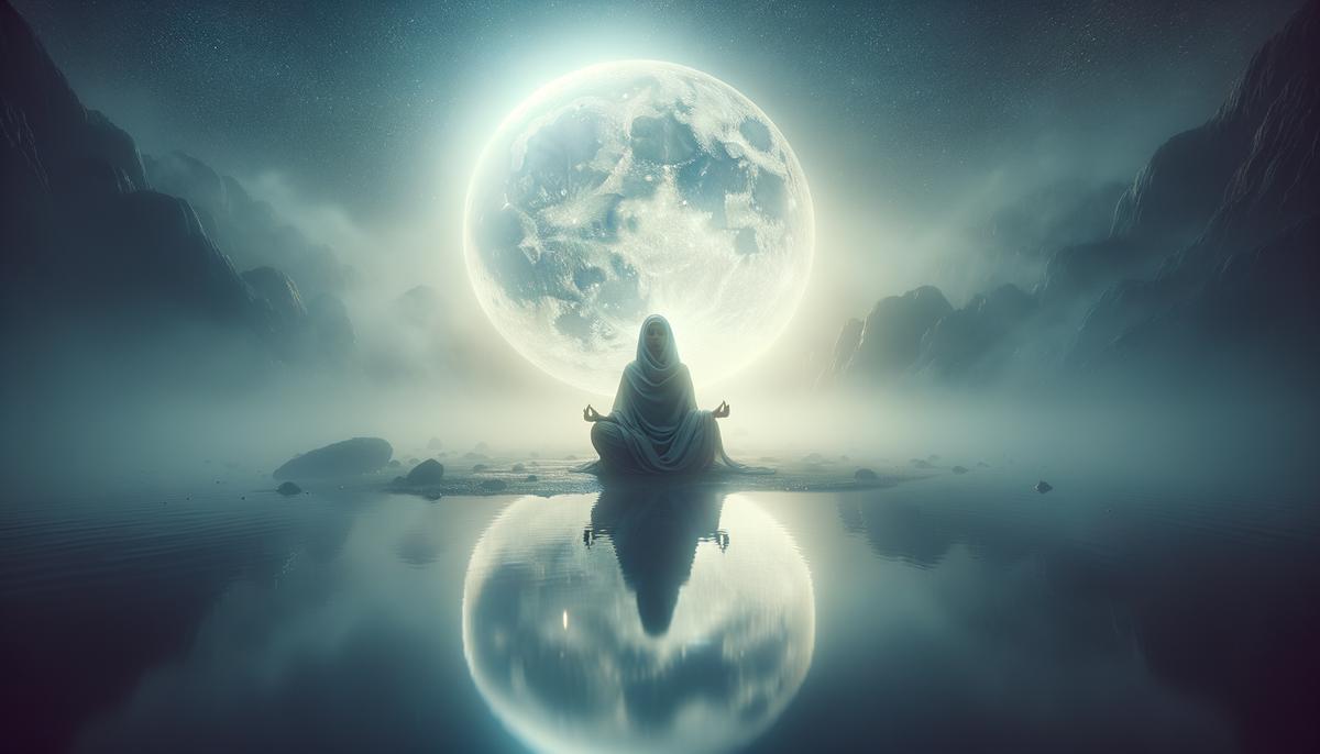 A person sitting by a reflective pool under a full moon in Pisces, surrounded by dreamy, ethereal mist
