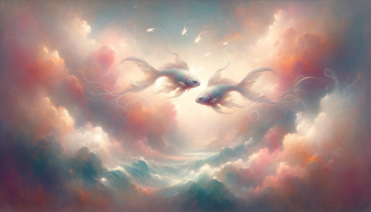 Two Pisces fish swimming in a dreamy, watercolor ocean
