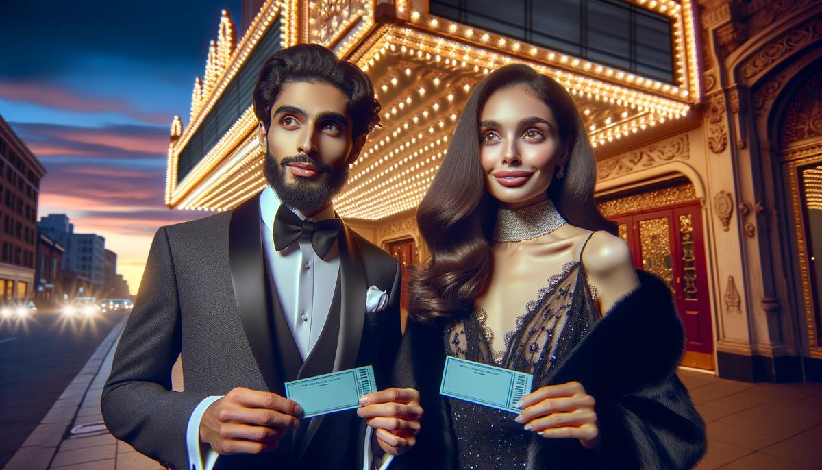 A couple dressed up and looking excited outside a theater