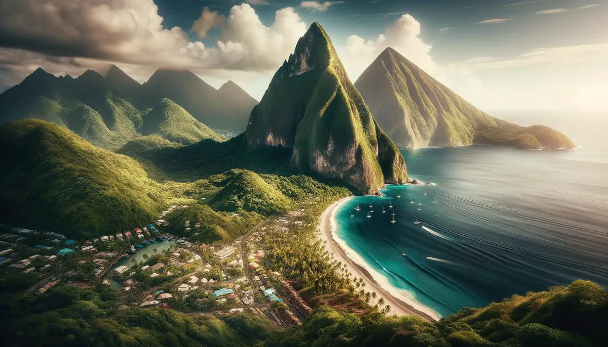 The stunning Pitons, two volcanic spires rising dramatically from the Caribbean Sea on the island of St. Lucia, surrounded by lush vegetation and pristine beaches.